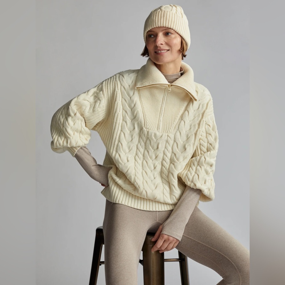 NWT Varley Daria Half Zip Cable Knit Winter White | Size Small